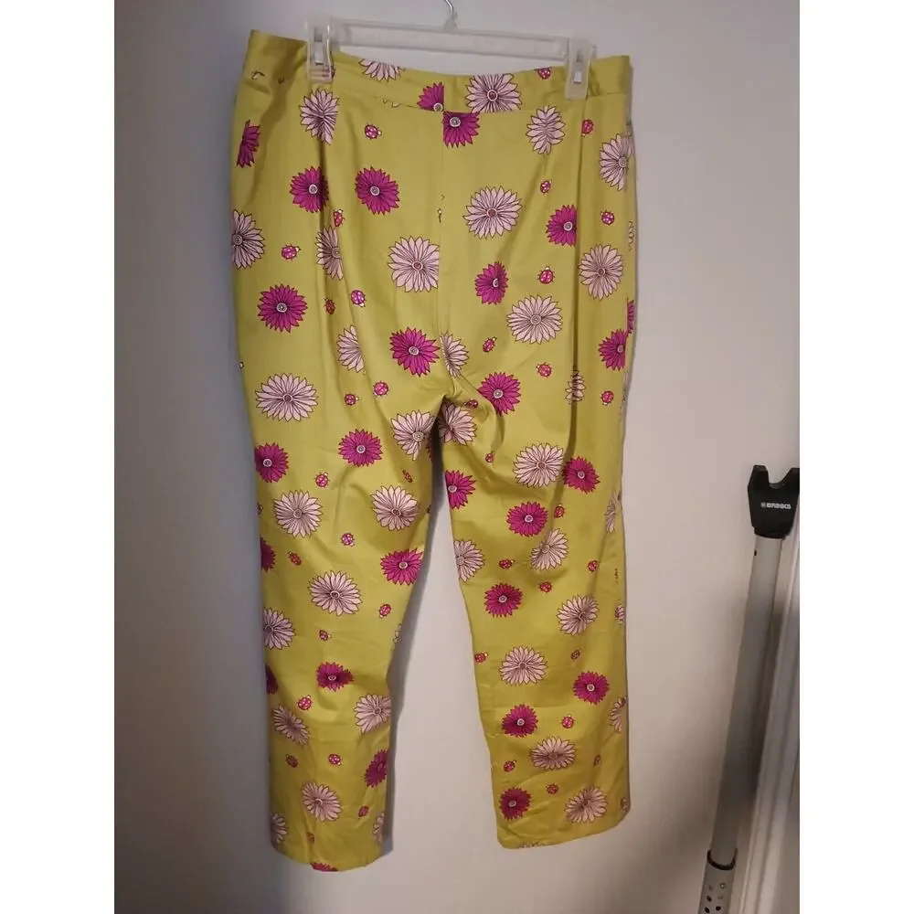 Randi M Yellow Green & Pink Floral & Ladybug Print Cotton Stretch Pants Sz 14